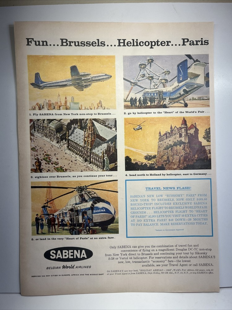 Sabena Belgian World Airlines Jet Helicopter 1958 Vintage Print Ad Life Magazine