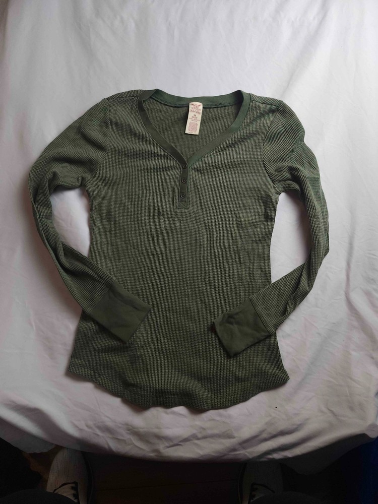Faded Glory Henley Shirt Women Medium 8/10 Green Waffle Knit Thermal Long Sleeve