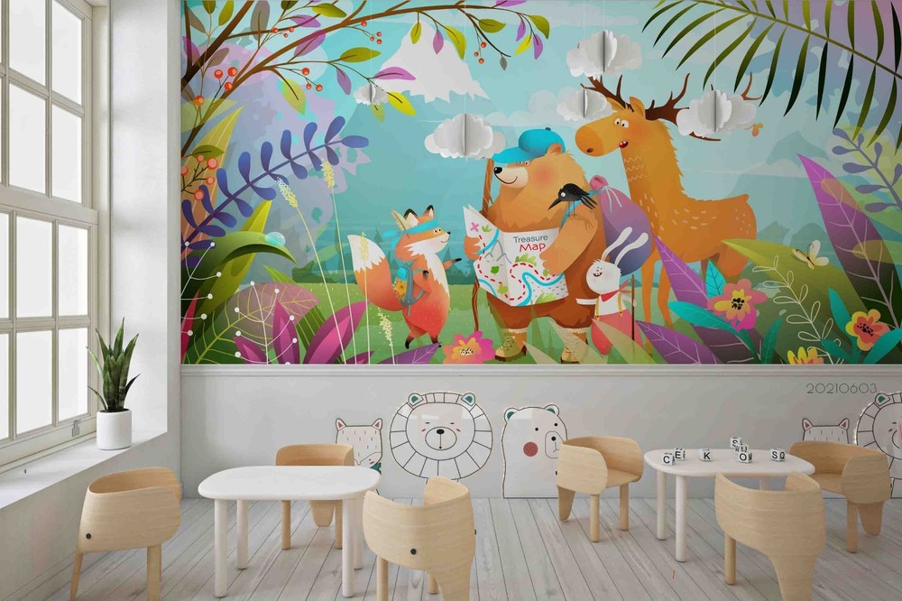 3D Forest Animals Cartoon Watercolor Wall Murals Wallpaper Murals Wall Sticker