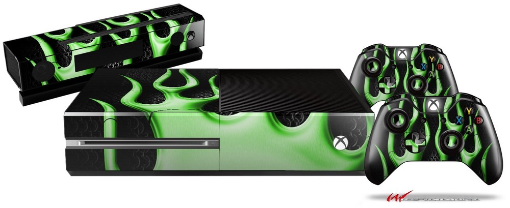 Metal Flames Green Skin Set fits XBOX One Console Controllers