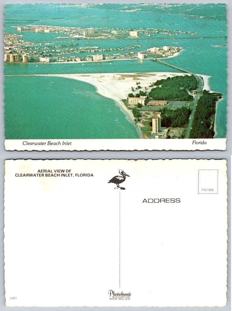 Clearwater Beach Inlet Florida Aerial View Vintage Plastichrome Postcard
