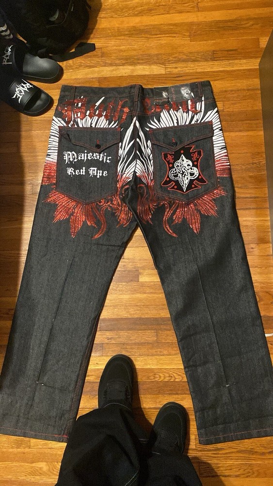 Red Ape 40 Baggy Y2K Tribal Vintage Grunge Embroidered Jesse Pinkman Wing Jeans