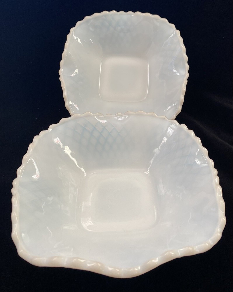 6-inch Diamond Cut Milk Glass Bowls with Scalloped Edges - Set of Rounded Square Bowls