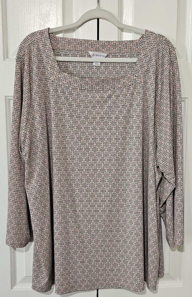 Liz Claiborne Women’s 2X Plus Pink Black Geometric Square Neck 3/4 Top