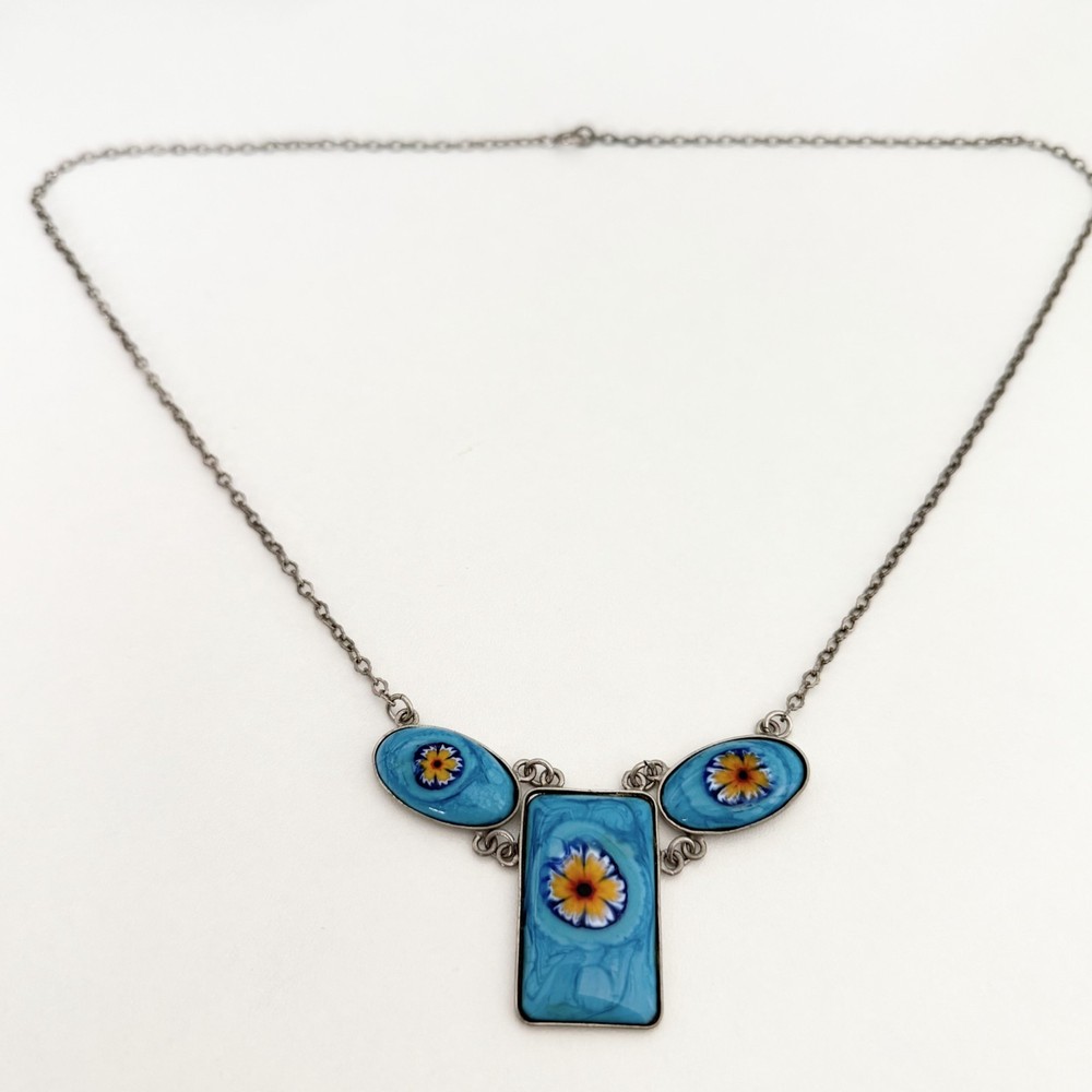 Vintage Blue Floral Glass Sunflower Silver Tone Millefiori Necklace 24
