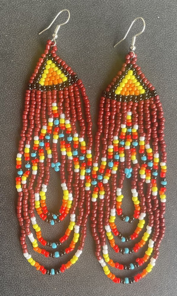 Boho Western Style Tribal Seed Bead Beaded Earrings Fringe Tassel Long