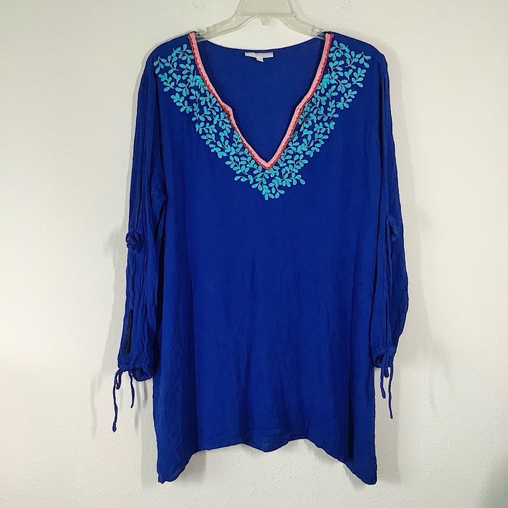 LA BLANCA Gauze Swim Cover-Up 1X Embroidered Tunic Top Boho Resort Cruise Beach