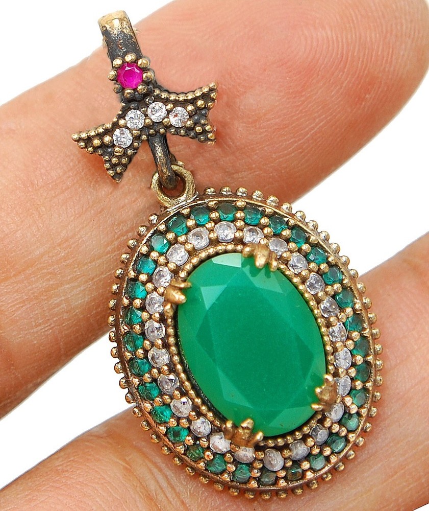 10CT Emerald Ottoman Empire Style Sterling Silver Pendant S2314