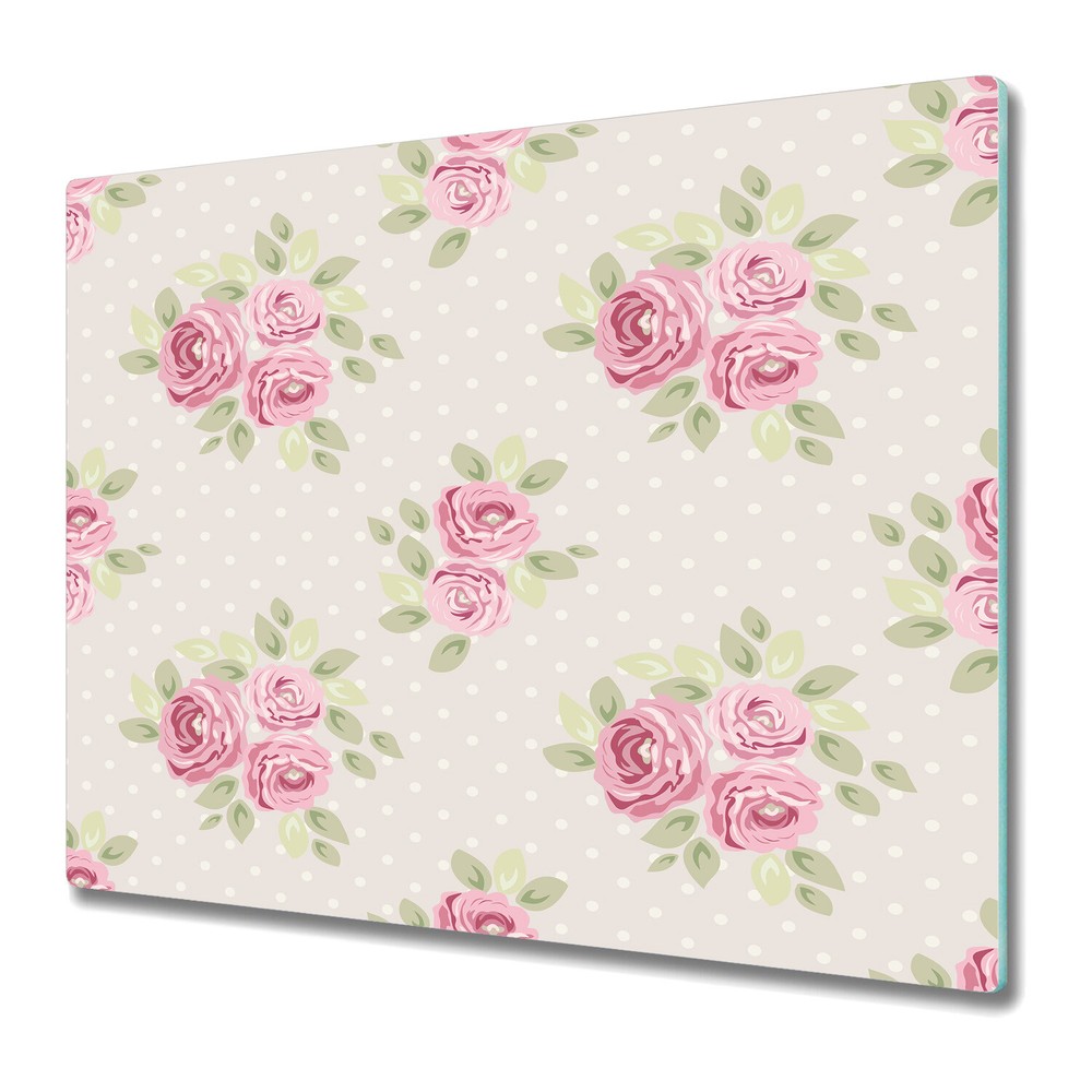 Glass Chopping Board Worktop Saver English roses pink and green large 60x52