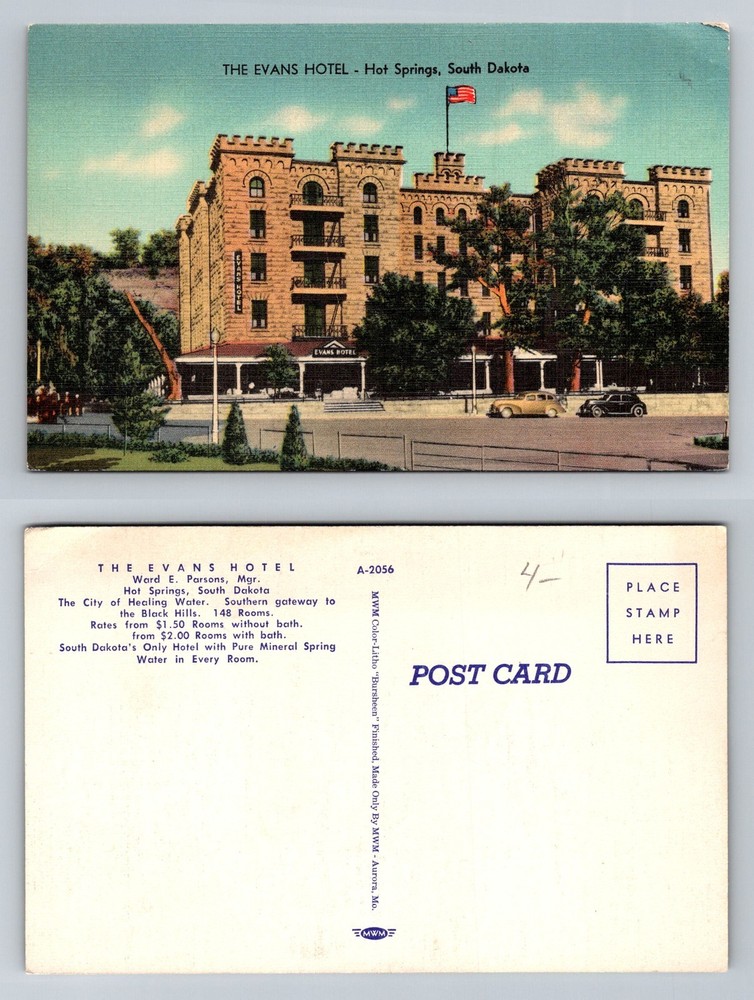 Hot Springs, SD-South Dakota, Evans Hotel Castle-Style Building Vintage Postcard