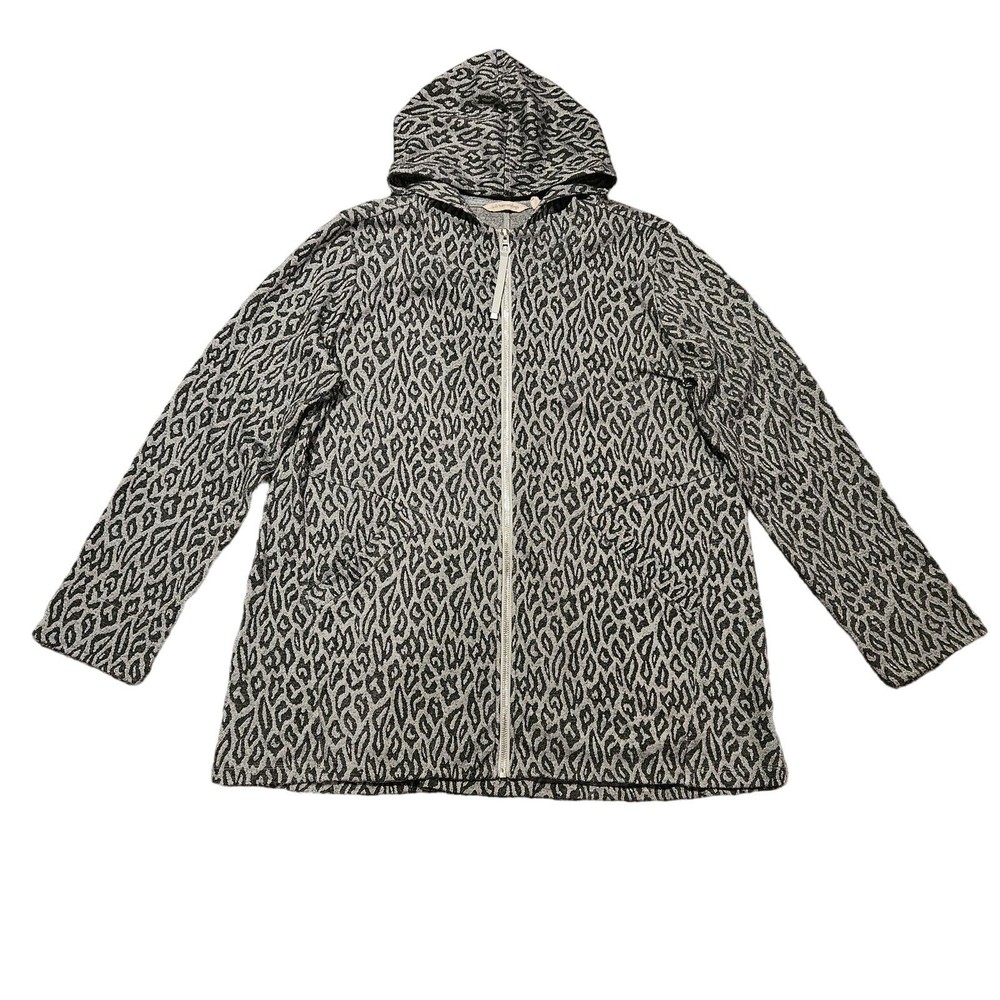Soft Surroundings Hoodie Women Size L Lyra Leopard Hooded Zip Front Jacket Gray