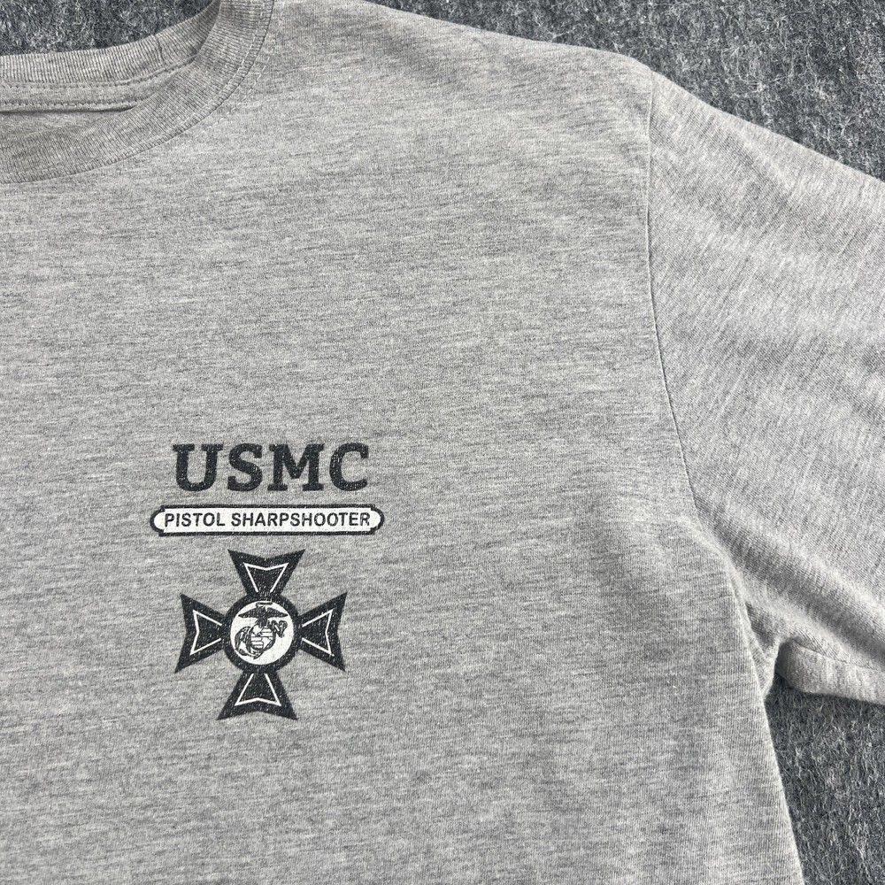 USMC Pistol Sharpshooter Shirt Mens Large Gray Graphic Gildan Softstyle Tee