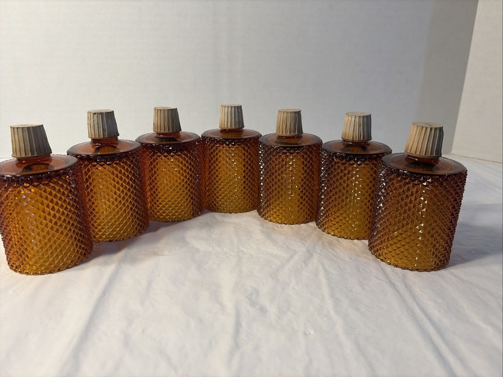 7 VTG Faroy Orange Amberina Votive Candle Holder Pegged Glass Diamond Point