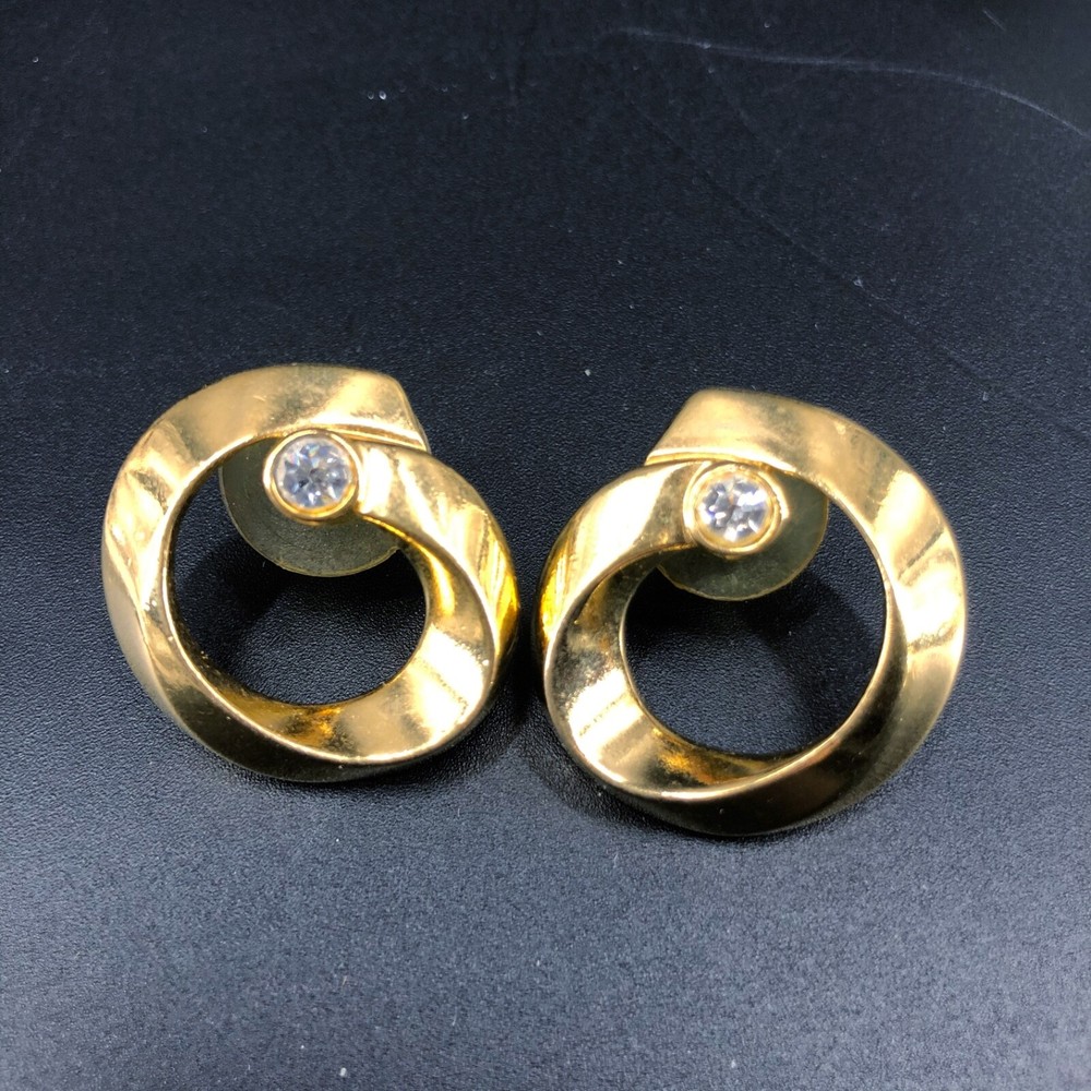 Vintage Gold Tone Pierced Earrings Shiny Round Swirl W/ Clear Rhinestone Accent