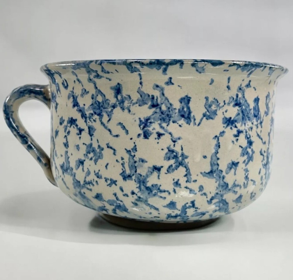 Handmade Spongeware Chamber Pot Bowl W/ Handle Blue Cream-white Ceramic Pottery