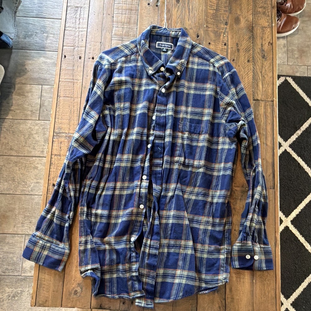 Club Room Men's Blue/Beige Plaid Flannel Cotton Long Sleeve Button-Down XL
