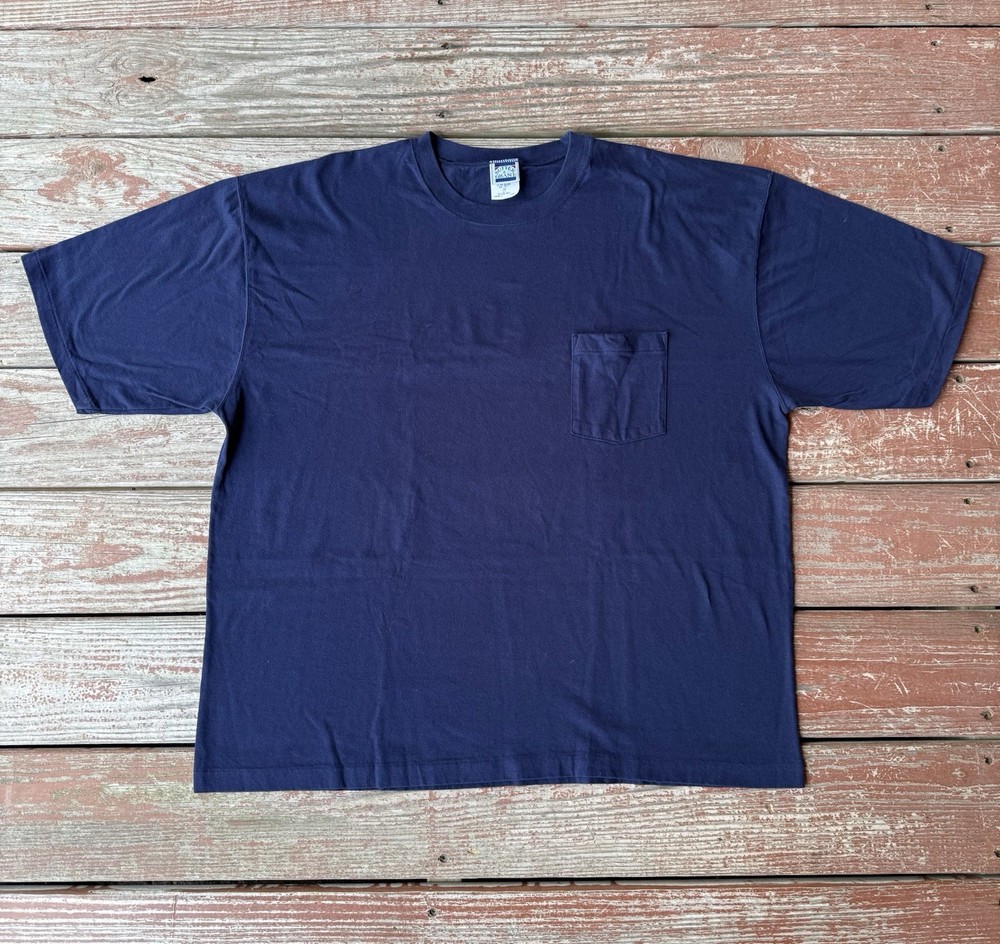 Vintage Blank T-Shirt Mens 2XL Navy Blue Single Stitch Pocket Tee USA Made 90s