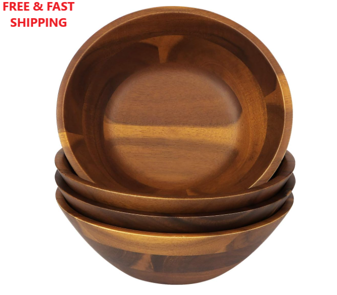 Acacia Wooden Serving Bowls, 7 Inch Set of 4 for Salad, Soup, Noodle and More-image