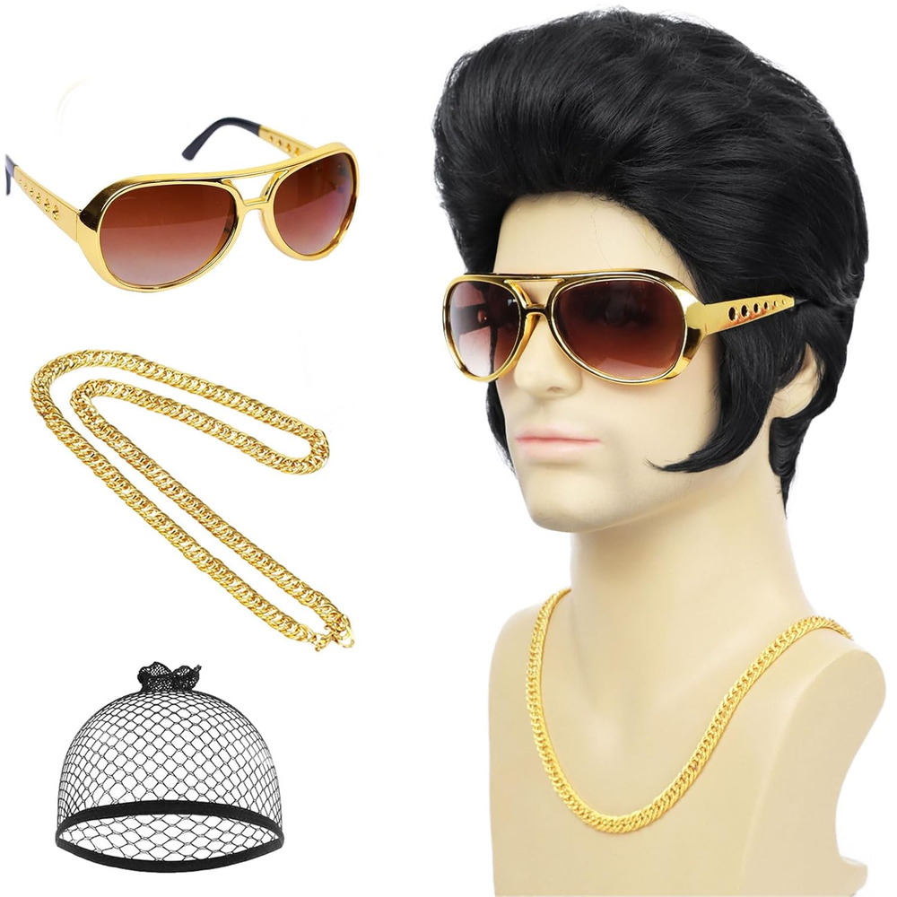Elvis Presley Halloween 50S 60S Rock Wig with Glasses and Necklace Singer.