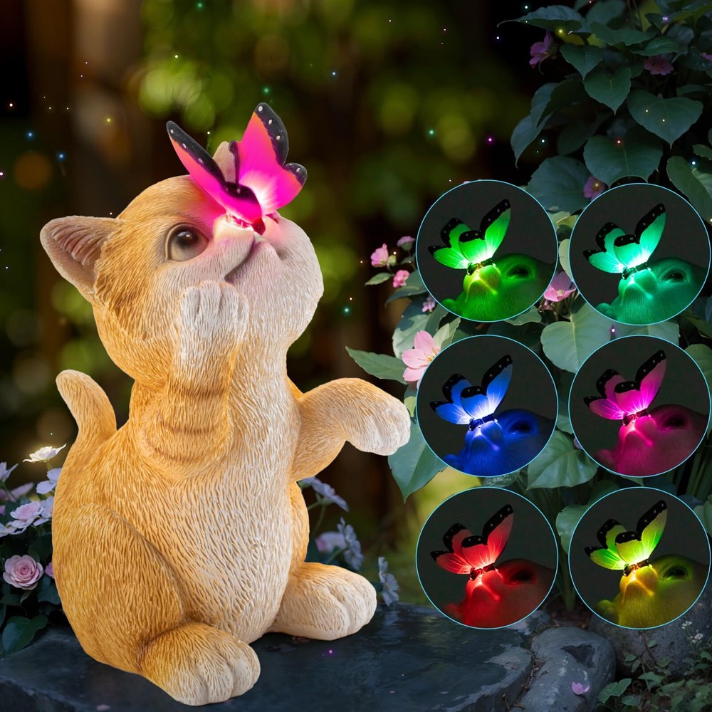 Decor Solar Cat Garden Statue Resin Outdoor Statues with Butterfly Changi