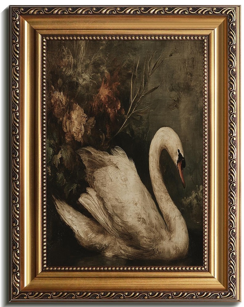 Vintage Gold Framed Swan Canvas Art Print, Farmhouse Swan Pictures Wall Decor...