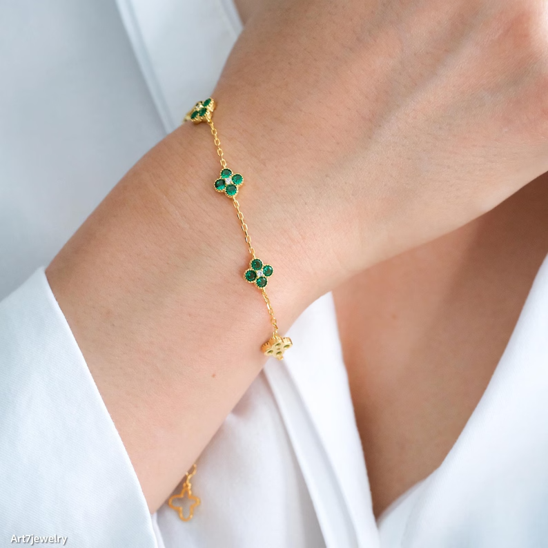 6 ct Round Cut Simulated Emerald Clover Chain Bracelet 14k Yellow Gold Plated