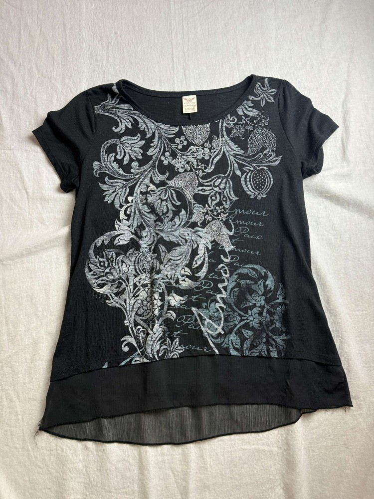 Faded Glory Blouse Girls Large 12-14 Black Damask Floral Whimsigoth Short Sleeve
