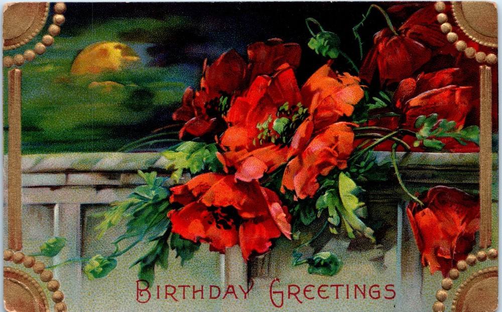 Vintage - Beautiful Red Flowers Embossed Birthday - Postcard - P12