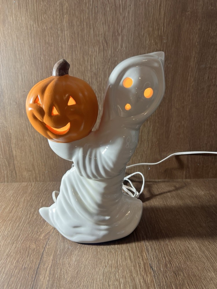 Vintage 1981 Ceramic Halloween Ghost Holding Pumpkin Figurine 12'' Tall