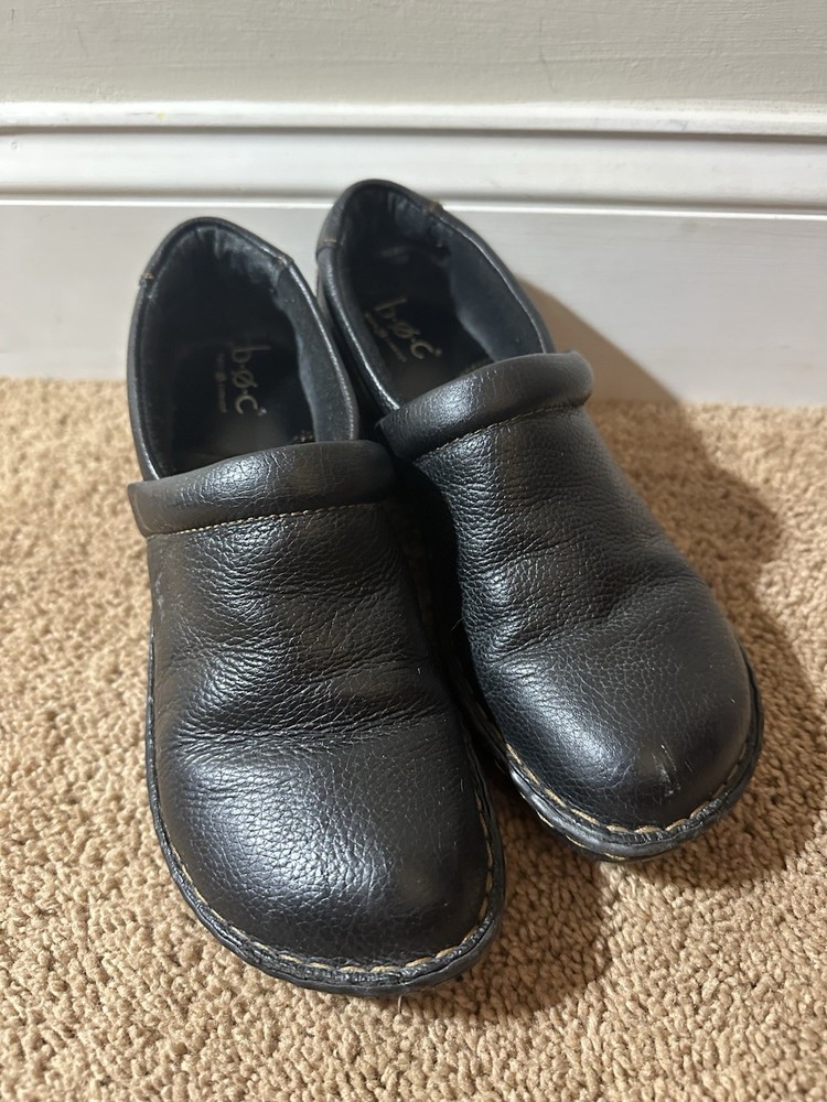 BOC Born Womens Peggy Clogs 8.5 Black Leather Slip On Comfort Wedge Shoes