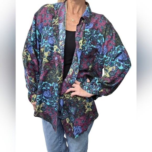 Vintage Womens Silk Button Down Shirt Floral Oversized 90s Boho Medium