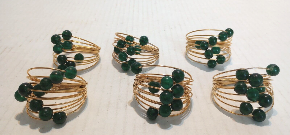6-Vintage Multi Brass Wire and Green Acrylic Beads Napkin Rings
