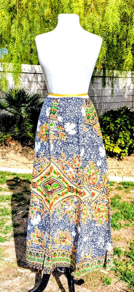 Vintage Boho Retro Print Flowy Thailand Hand Made Tie-On Midi Wrap Skirt NOS