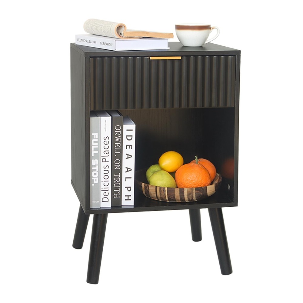 Modern Black Fluted Nightstand with Drawer and Open Storage
