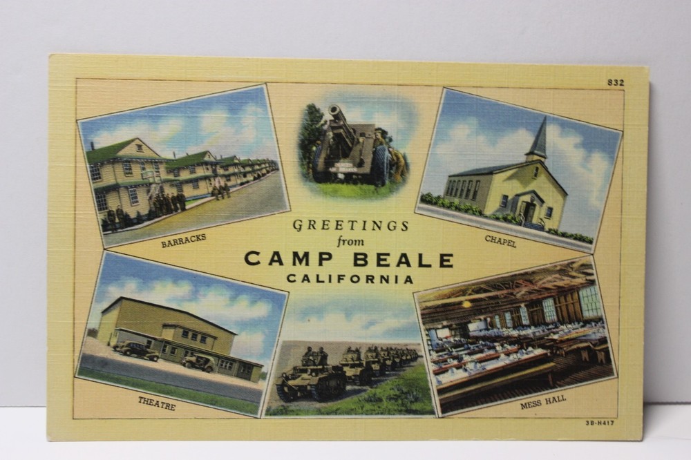 Greetings from Camp Beale California, Linen Postcard