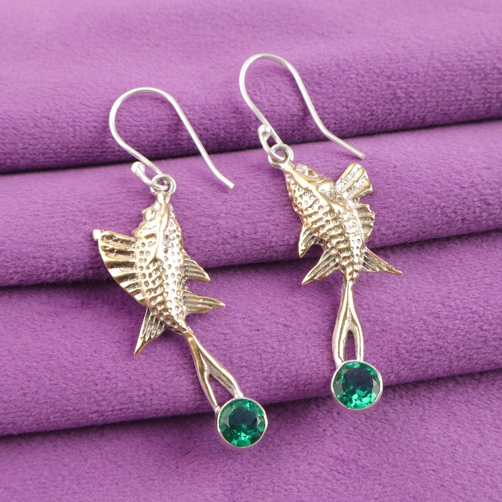 Green Emerald Stone Sterling Silver Dangling Anniversary May Earrings Jewelry