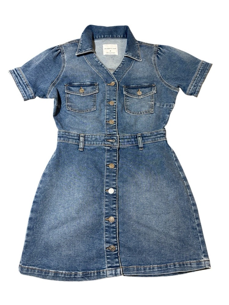 Celebrity Pink Denim Dress Size M Short Sleeve Button Front