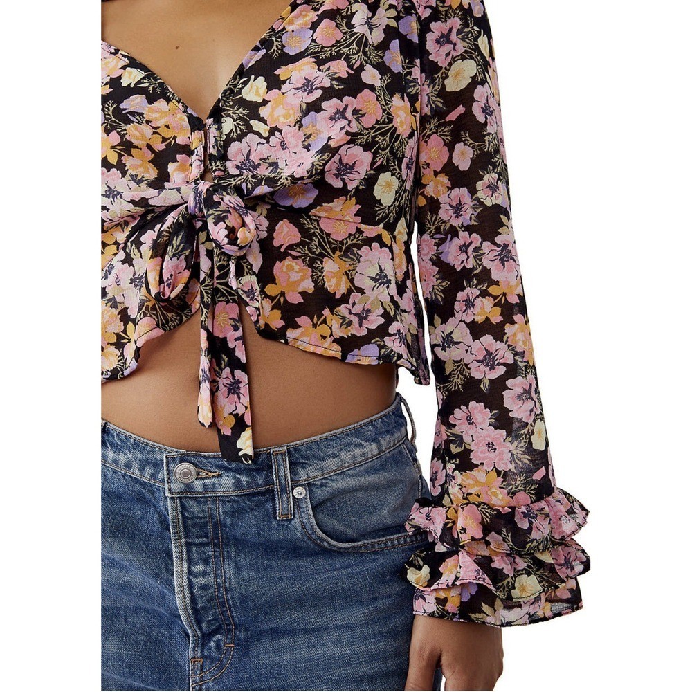 NWT Free People Floral Blouse Top Womens Small Cropped Ruffle Festival Boho
