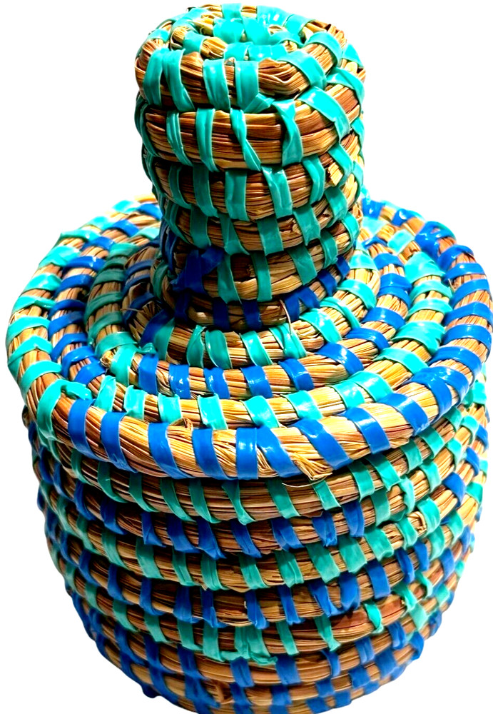 Small Woven Grass Basket Lid Blue Plastic Handwoven Trinket Box Boho Decor