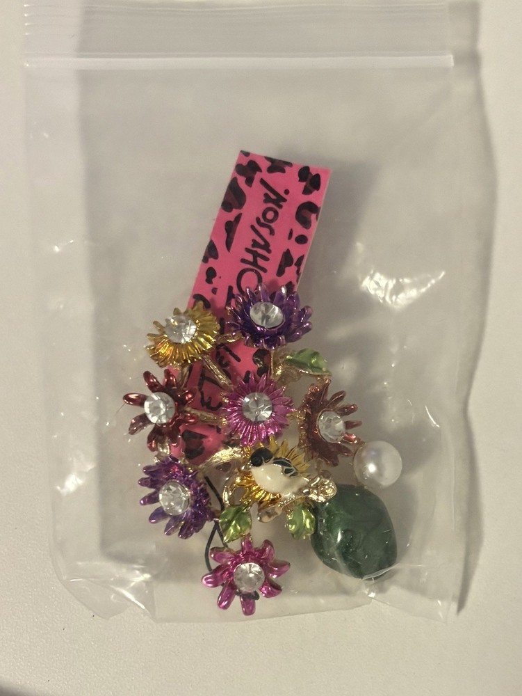Betsey Johnson Multicolor Flower Brooch Pin Enamel Rhinestone Faux Pearl Signed