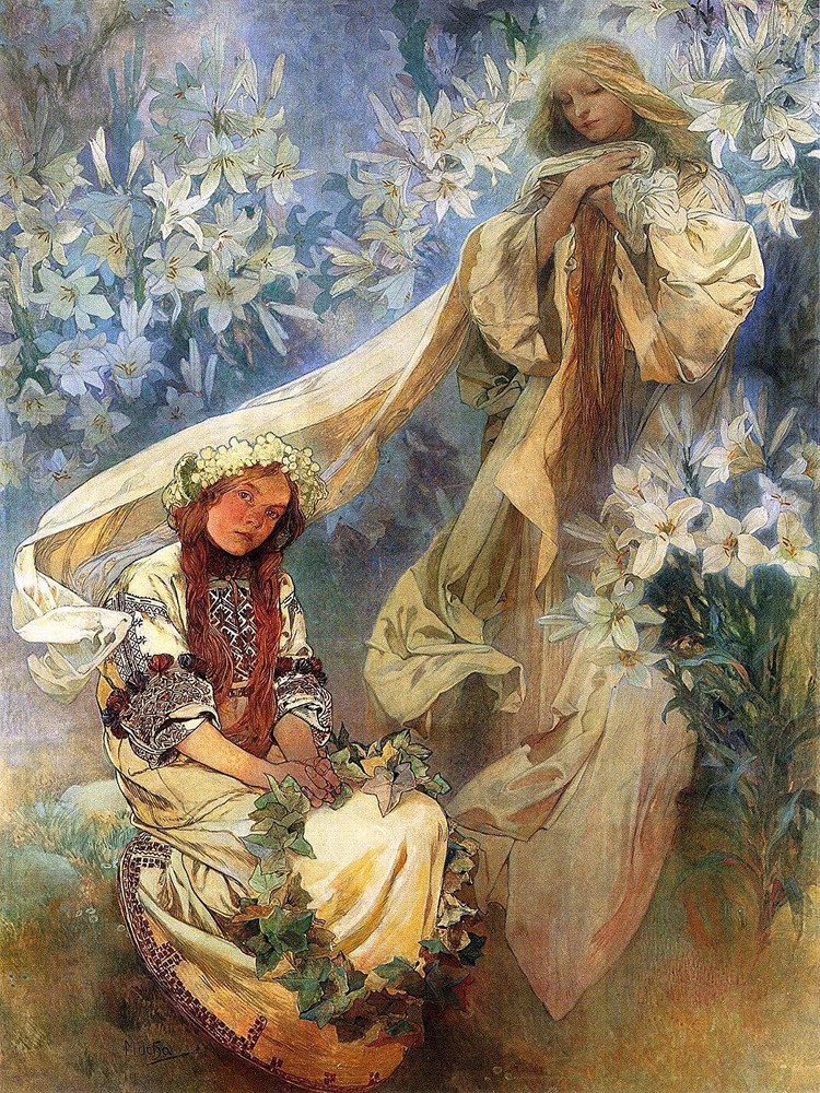 Madonna Lily Flowers Girl by Alfons Mucha Tile Mural Kitchen Backsplash Ceramic