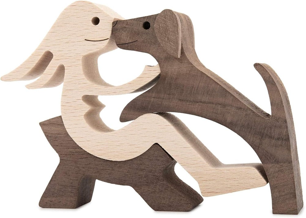 Handmade Wooden Statue, Sitting Woman and Dog, Wood Decor Accents Craft Figurine