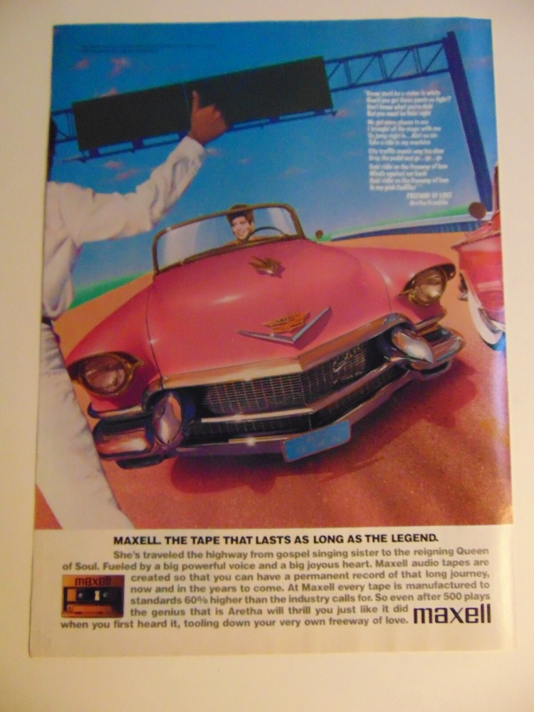 1986 MAXELL TAPES PINK CADILLAC vintage print ad