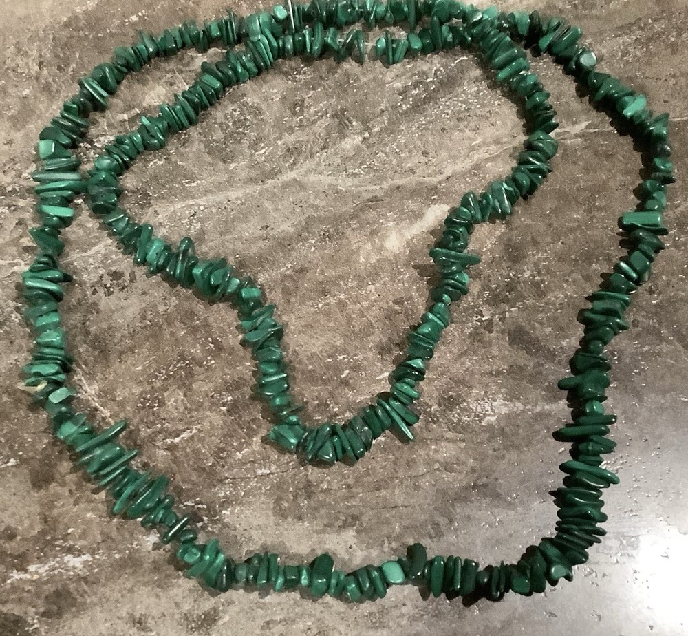 Vintage Natural Malachite Chip Bead Necklace Green Nugget Chunky Gemstone 22”