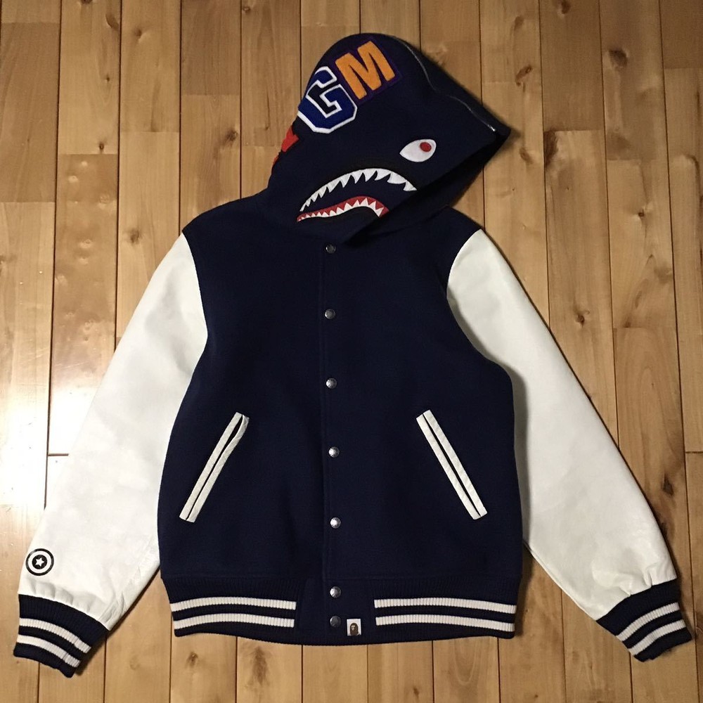 Sleeve Leather Shark Hoodie Varsity Jacket M Size Navy A Bathing Ape Bape