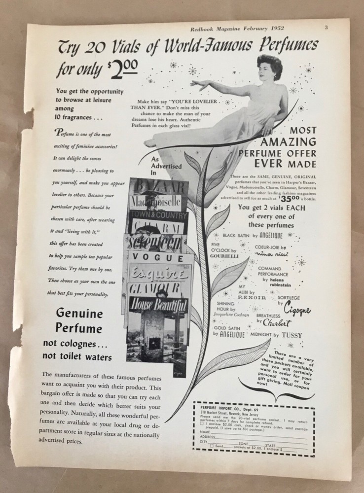 Perfume vial print ad 1952 vintage 50s retro art illustration send away offer
