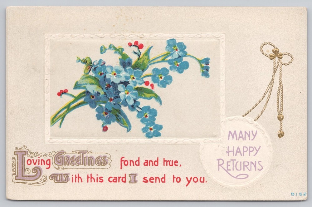Many Happy Returns, Loving Greetings Poem Forget Me Not Flowers Vintage Postcard