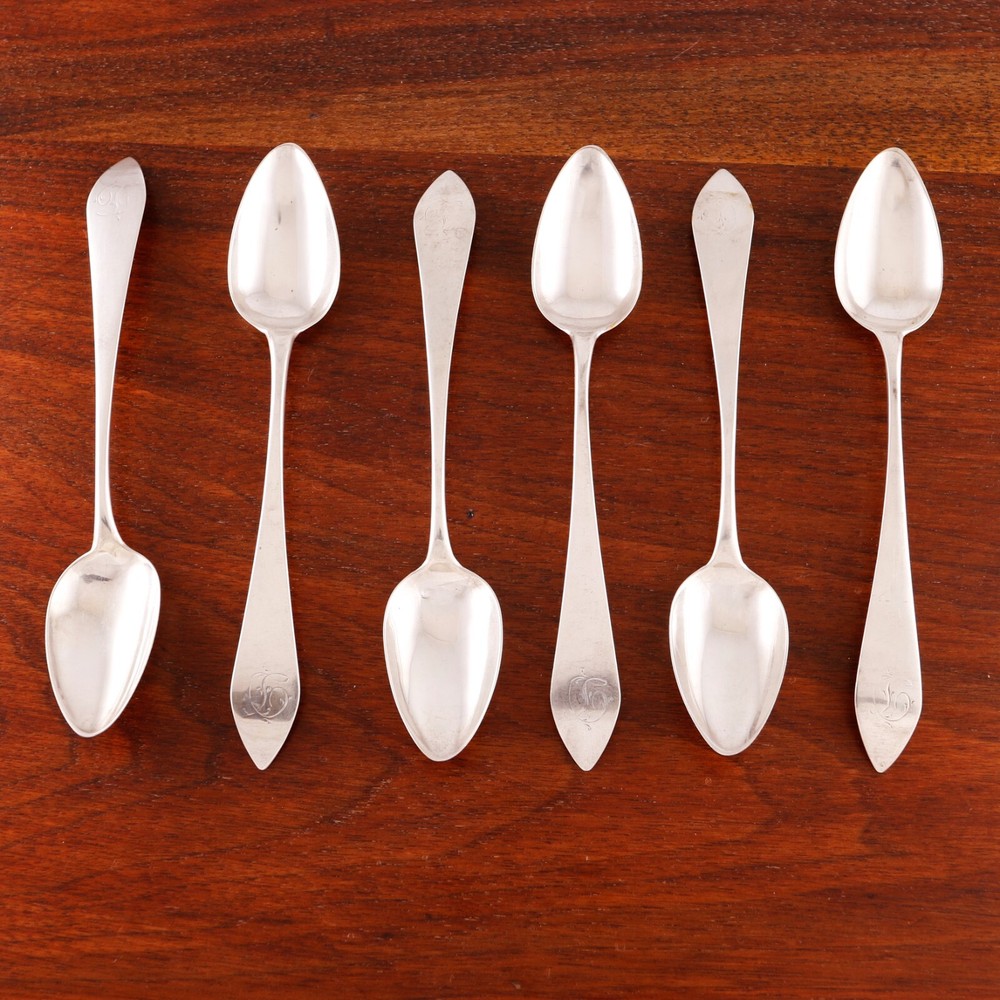 6 SUPERB AMERICAN COIN SILVER TEASPOONS DOWNTURNED POINTED END MONOGRAM D