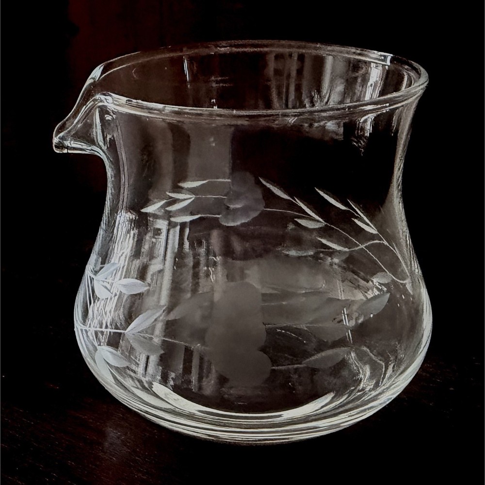 Clear Glass Creamer Etched Floral Pattern.