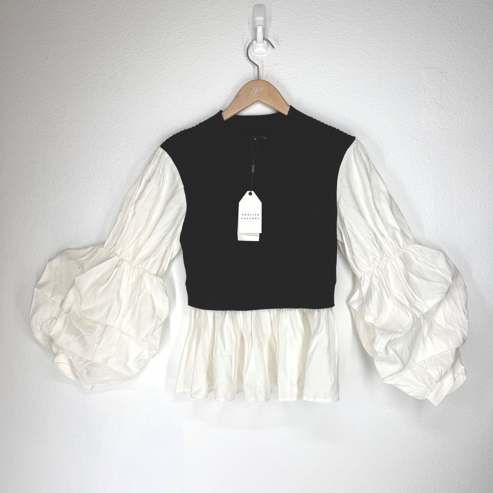 English Factory Mixed Media Puff Sleeve Peplum Knit Top Medium NEW Dark Academia
